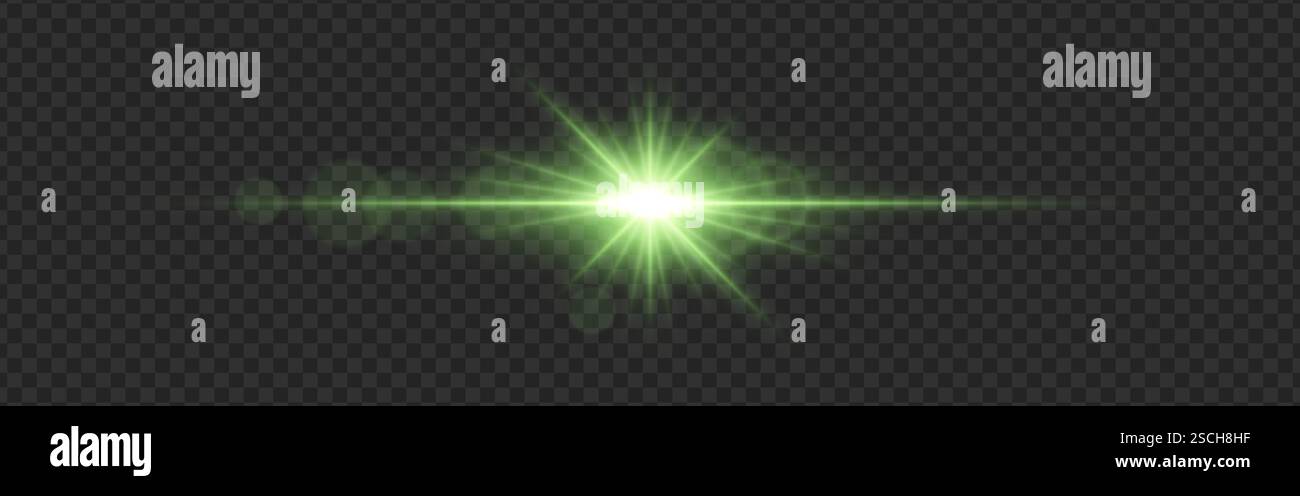 Lumière verte éclatante avec une lueur brillante et des reflets de lentille sur un fond sombre transparent. Des faisceaux rayonnants et une strie horizontale créent un futuristi Illustration de Vecteur