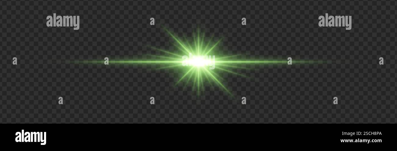 Lumière verte éclatante avec une lueur brillante et des reflets de lentille sur un fond sombre transparent. Des faisceaux rayonnants et une strie horizontale créent un futuristi Illustration de Vecteur