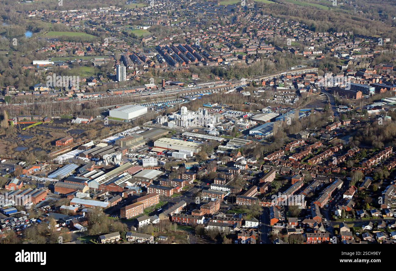 Vue aérienne de l'industrie à Stalybridge autour de Bayley Street, Bridge Street et Dale Street Banque D'Images
