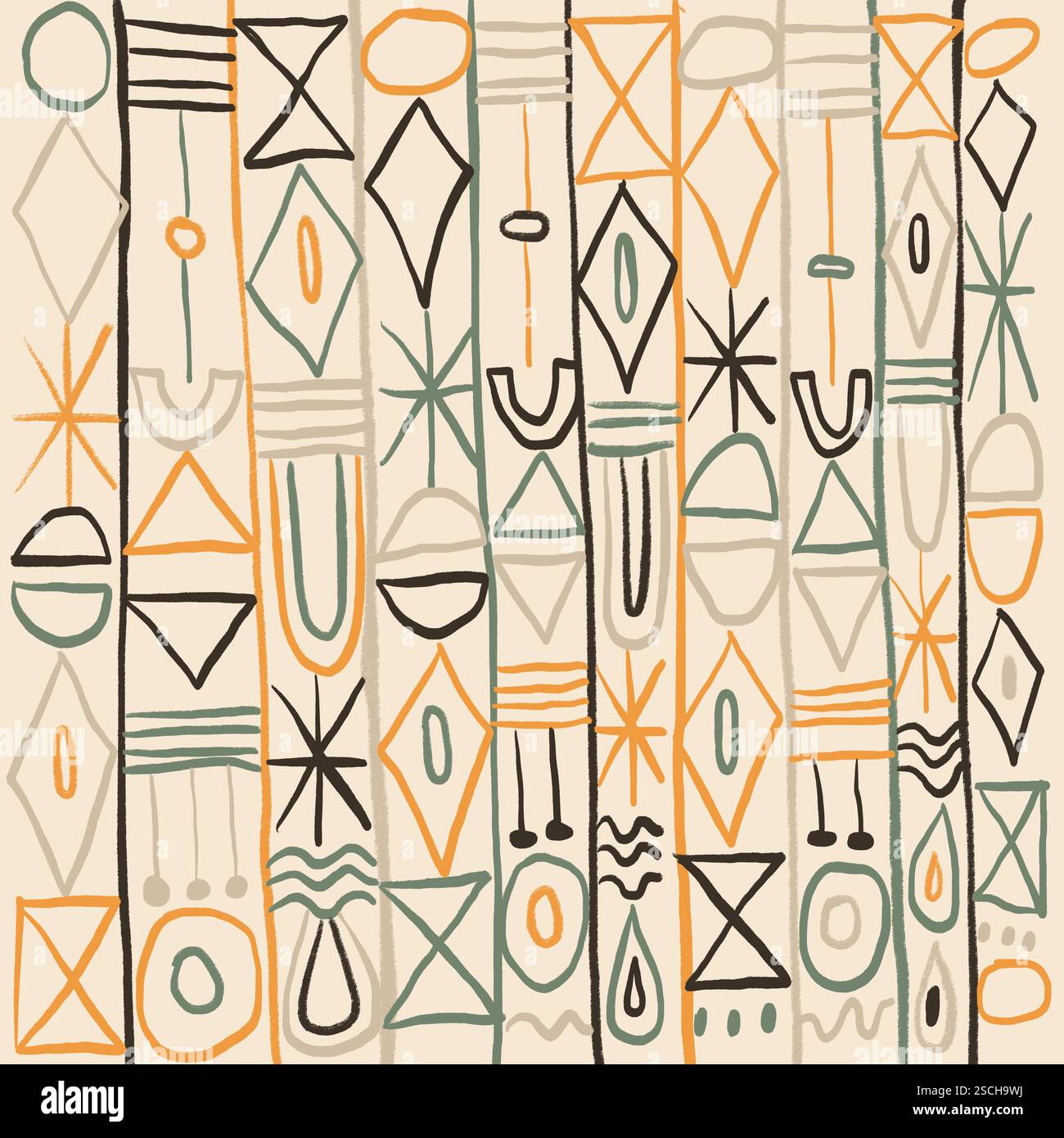 Motifs géométriques dessinés à la main inspirés de la culture du désert et de l'art néo-primitif, avec des tons terreux d'orange, vert et beige dans un vertica rythmé Banque D'Images