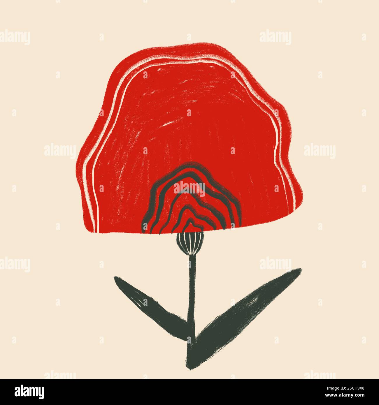 Une illustration minimaliste représentant une fleur rouge abstraite avec des détails de pétales superposés et une tige noire simple, placée sur un fond beige doux. Banque D'Images