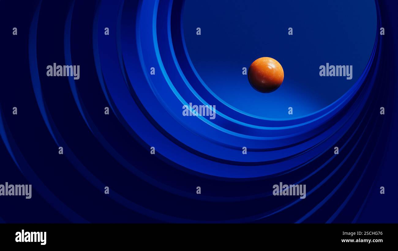 Une sphère orange éclatante plane dans un arrangement dynamique de formes géométriques bleues, créant un effet visuel abstrait saisissant. Banque D'Images