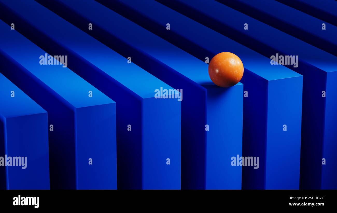 Une sphère orange s'équilibre sur les formes géométriques bleues, créant un contraste vibrant sur la toile de fond structurée. La conception 3D améliore la profondeur visuelle. Banque D'Images