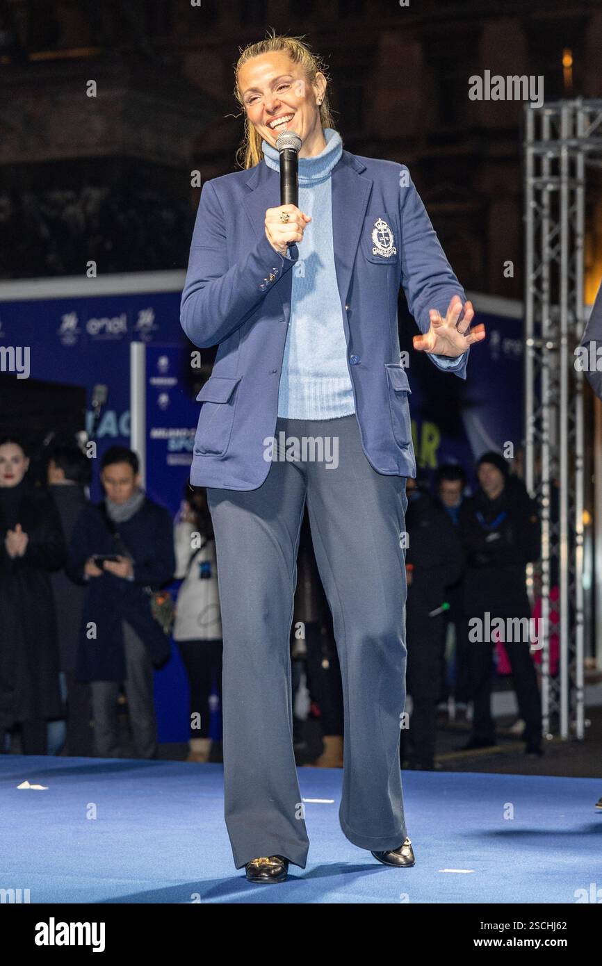 Milan, Italie, 06 février 2025 Federica Picchi s'exprime sur scène - Milano Cortina 2026 Sport Village pendant les Jeux Olympiques d'hiver de Milan Cortina 2026 - 1 an avant de partir le 06 février 2025 à Milan, Italie crédit : Kines Milano/Alamy Live News Banque D'Images