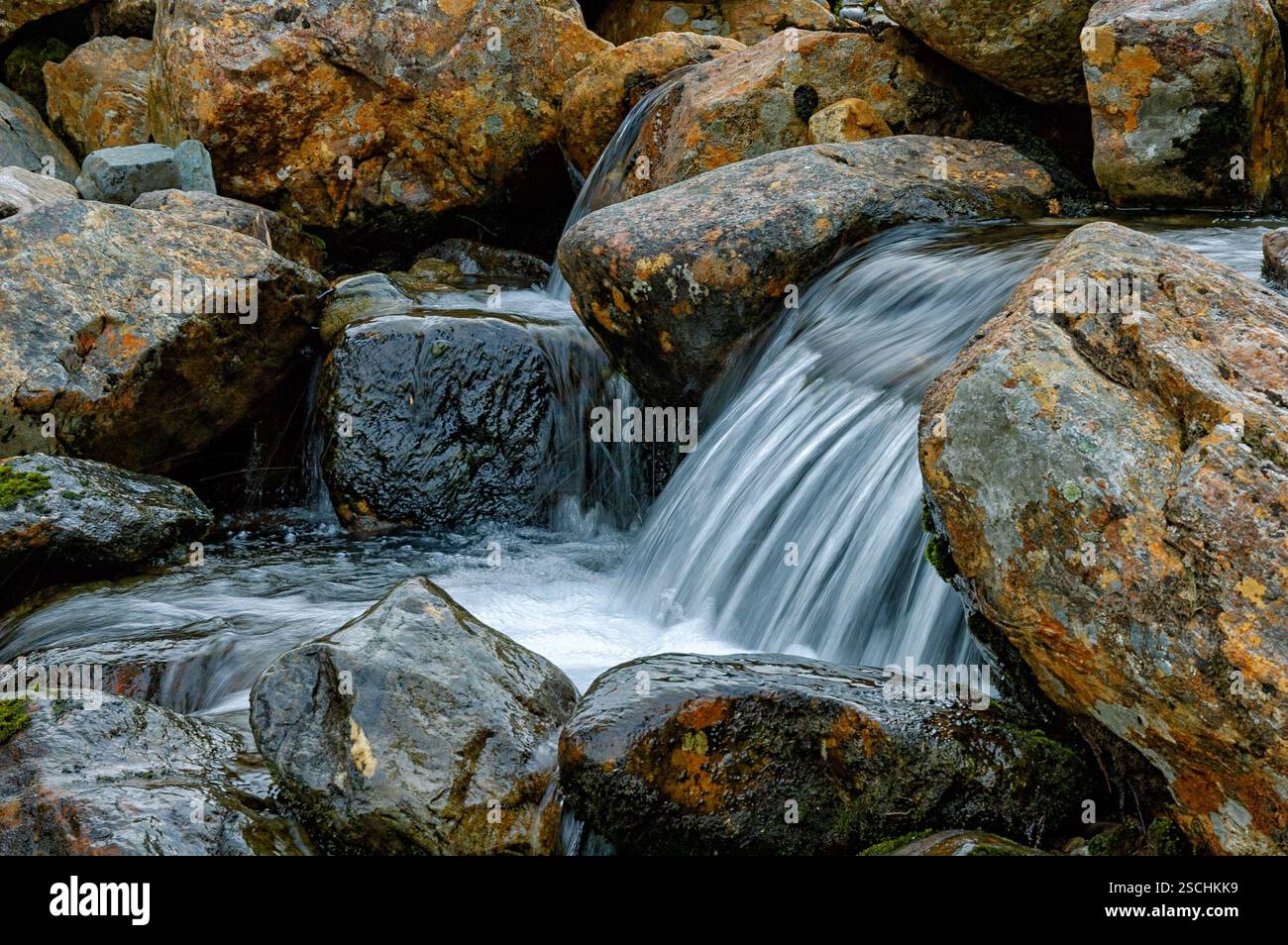 L'eau douce coule sur des roches lisses, créant un son paisible alors qu'elle serpente à travers la magnifique nature sauvage de Norvège par une journée calme. Banque D'Images