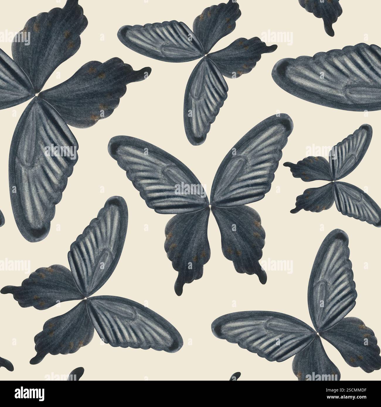 Ailes d'insecte de papillon noir peint à la main motif sans couture aquarelle sur fond beige. Parfait pour scrapbooking, papier d'emballage, foulards, sacs à main Banque D'Images