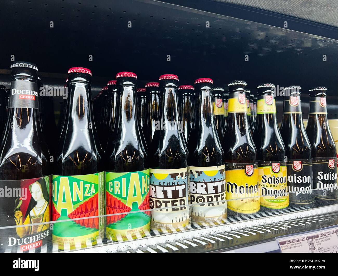 Kiev, Ukraine - 04 février 2025 : bouteilles de bière artisanale assorties soigneusement disposées et présentées dans un magasin réfrigéré. Banque D'Images