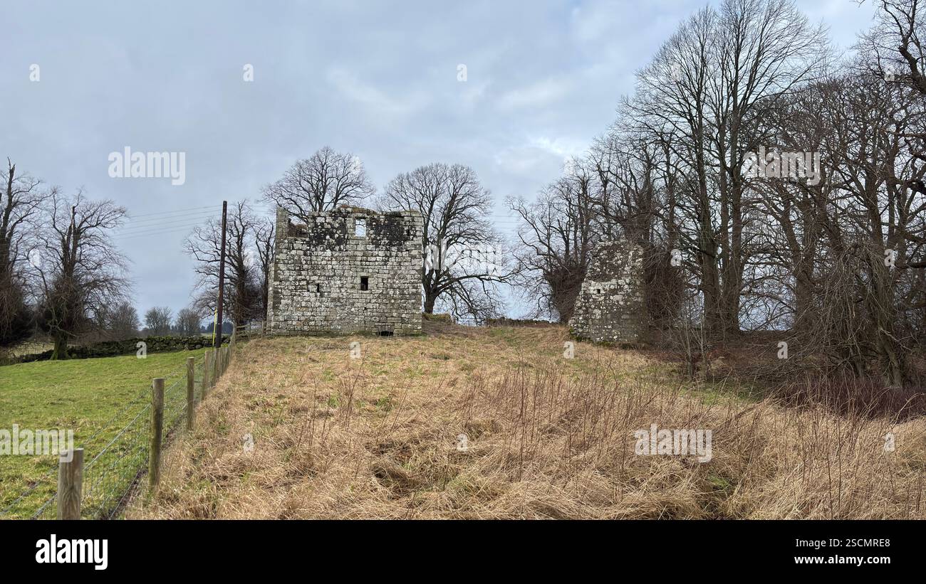 Ruine du château de Dowhill dans le paysage écossais. Vieux monument abandonné historique paysage architectural médiéval - Image de stock capturée avec un smartphone