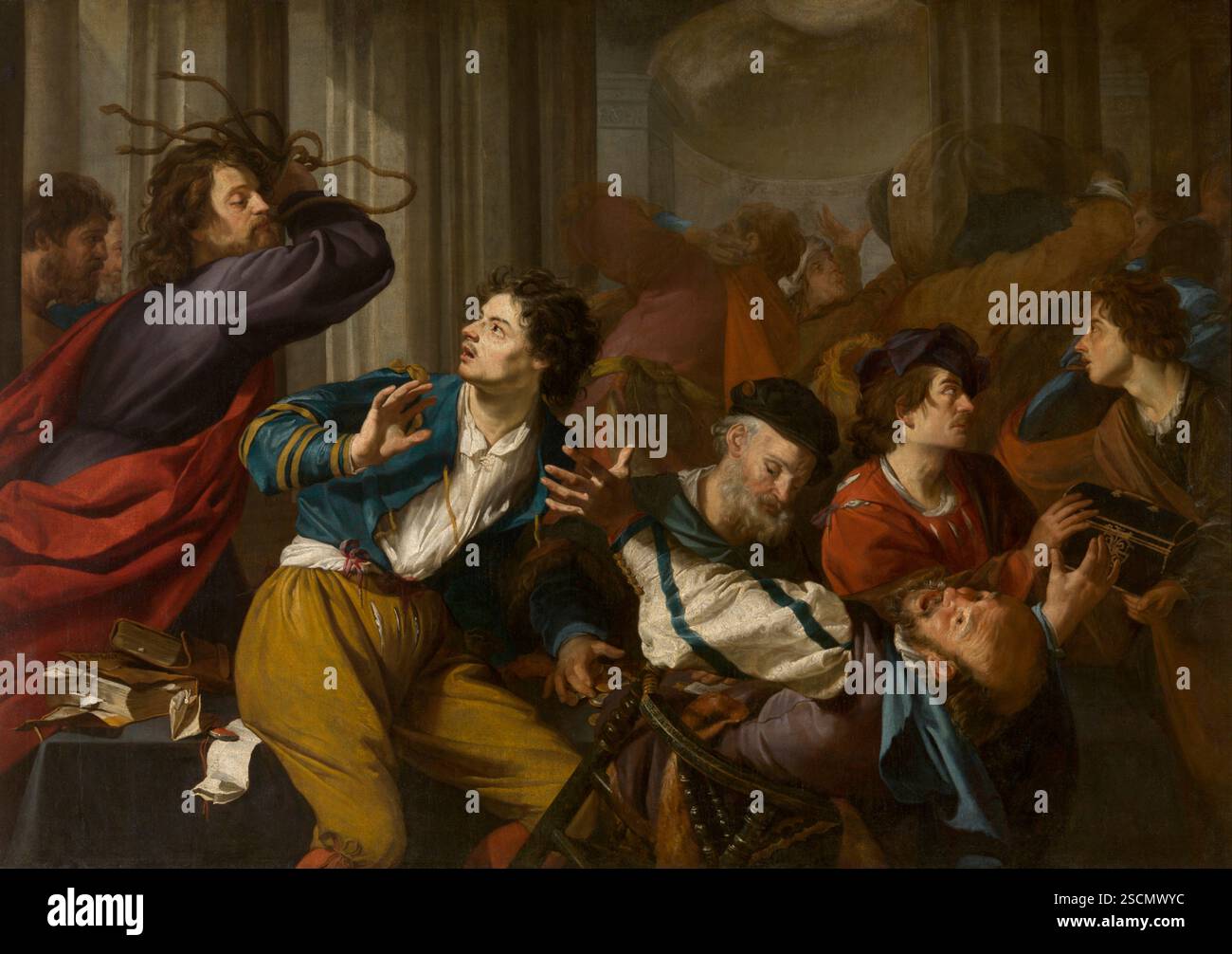 Christ chassant les changeurs d'argent du Temple. Banque D'Images