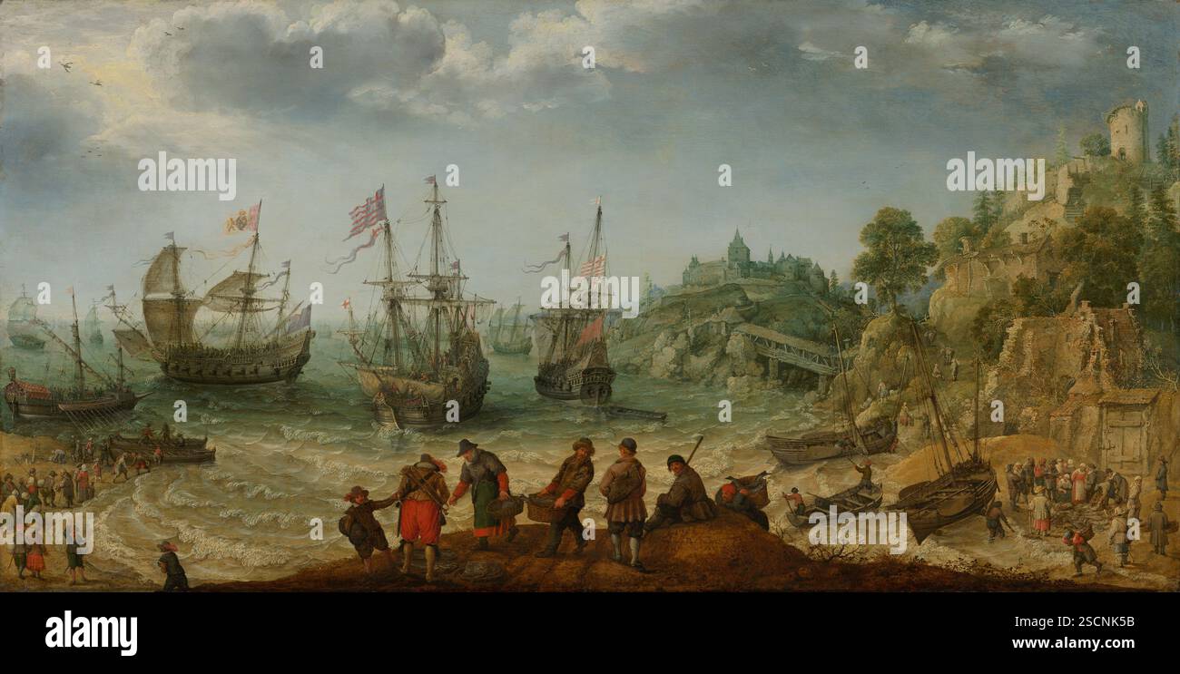 Navires au large d'une côte rocheuse, 1621. Trois maîtres aux voiles gonflées et aux drapeaux flottant se trouvent juste au large d'une côte rocheuse. Le long du rivage, les gens sont occupés à amener le poisson à terre. Les poissons sont déjà vendus au premier plan. Adam Willaerts a réalisé de nombreux paysages fantastiques, auxquels il a souvent ajouté des éléments réalistes. Dans le fond de cette peinture, vous pouvez voir le palais de Rodolphe II à Prague. Banque D'Images