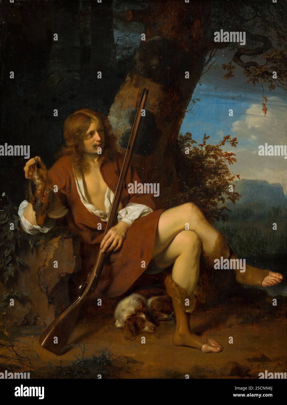 Autoportrait en chasseur. Un chasseur et son chien sont assis au pied d'un arbre. L'homme tient nonchalamment une perdrix morte et un fusil de chasse. Bien que cela puisse paraître une scène innocente, pour les téléspectateurs néerlandais du XVIIe siècle, elle avait des connotations érotiques. Les mots ‘jagen’ ; (pour chasser) et ‘vogelen’ ; (pour attraper les oiseaux) faisaient également référence à la courtisse et à la création de l'amour. Banque D'Images