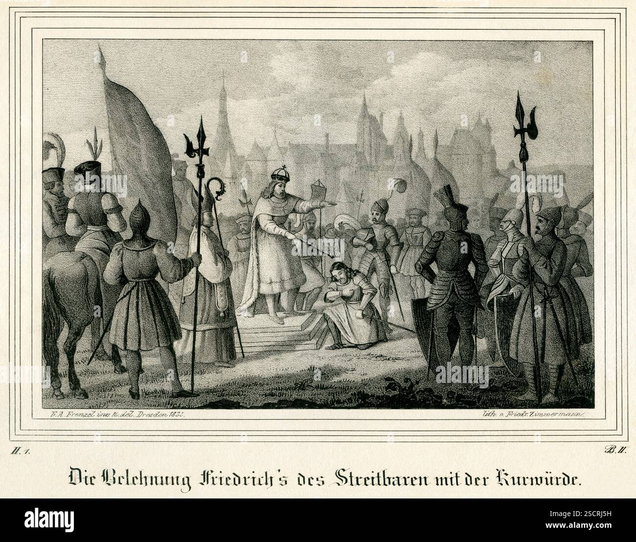 Europa, Deutschland, Thüringen, Altenburg, Saxe, Friedrich der Streitbare ( Frederick I. ) , Belehnung mit der Kurwürde, lithographie von Zimmermann , um 1836 . / Europe, Allemagne, Thuringe, Altenbourg, Saxe, Frédéric le belligérant ( Frédéric Ier ) , enrichissement avec l'électorat, lithographie de Zimmermann , vers 1836 . Banque D'Images