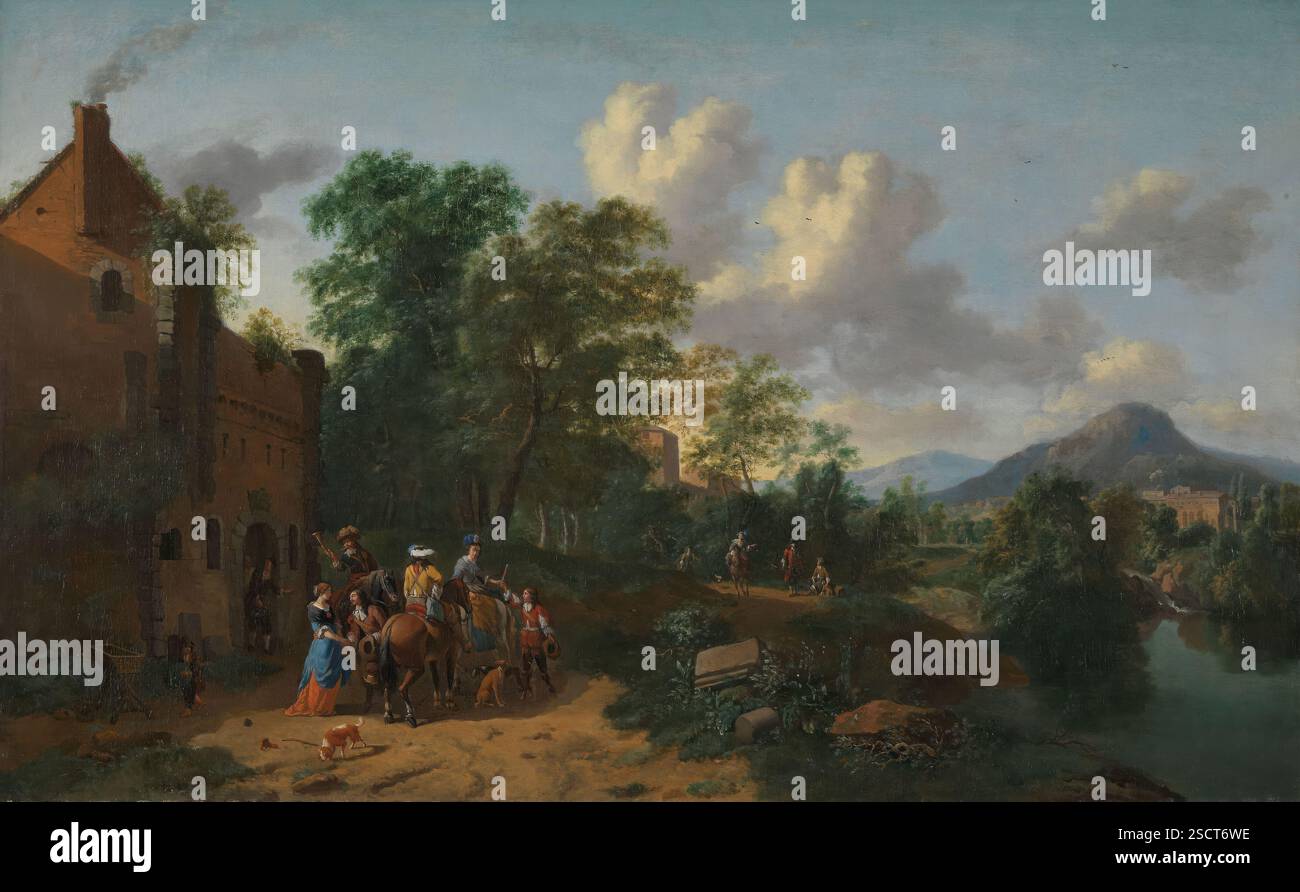 Paysage près d'une rivière, probablement 1670s. Banque D'Images