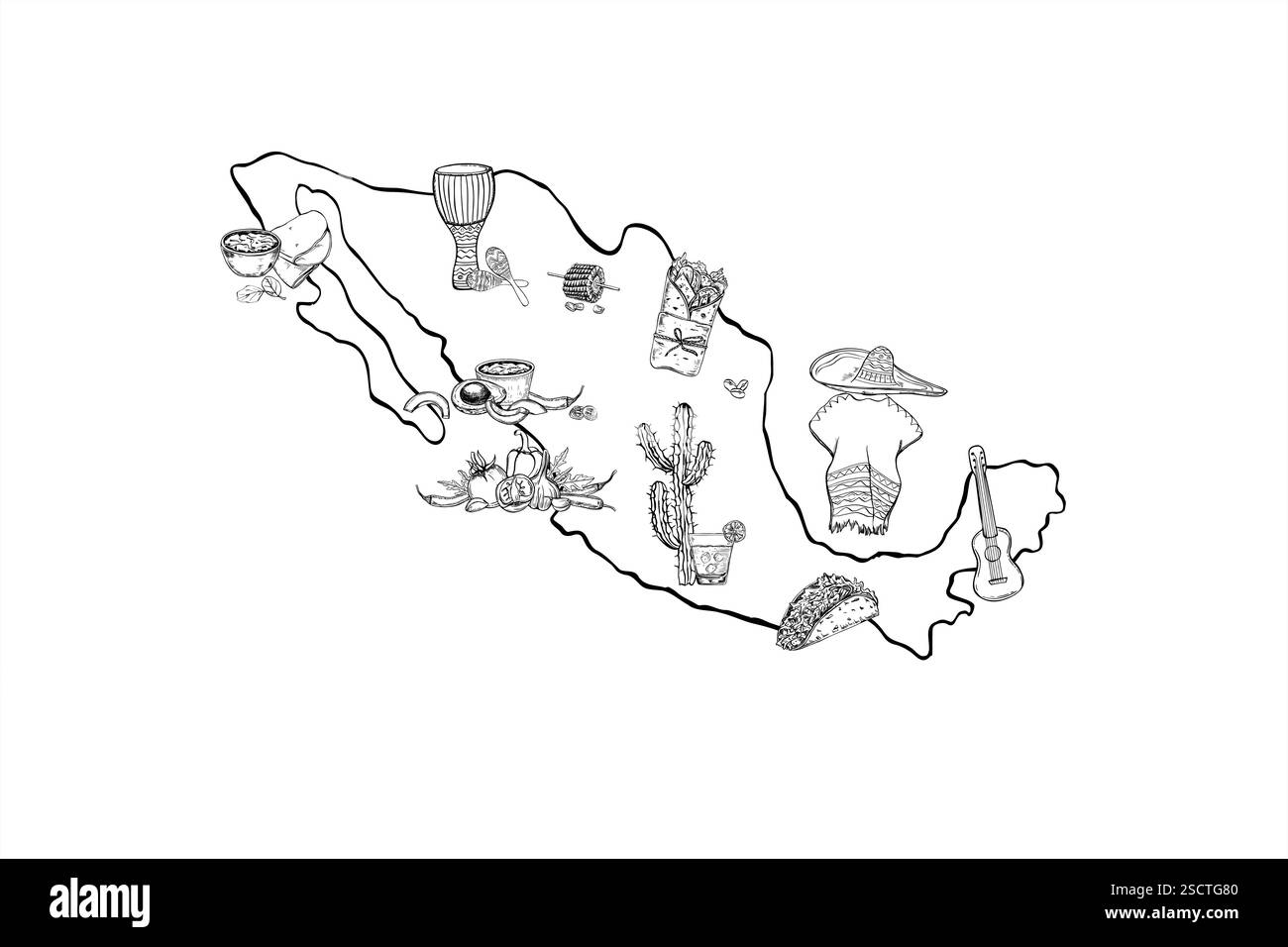 Mexica carte silhouette avec illustrations monochromes vectorielles de vues peintes par des encres noires. Vêtements mexicains, instruments de musique, cuisine, boissons Illustration de Vecteur