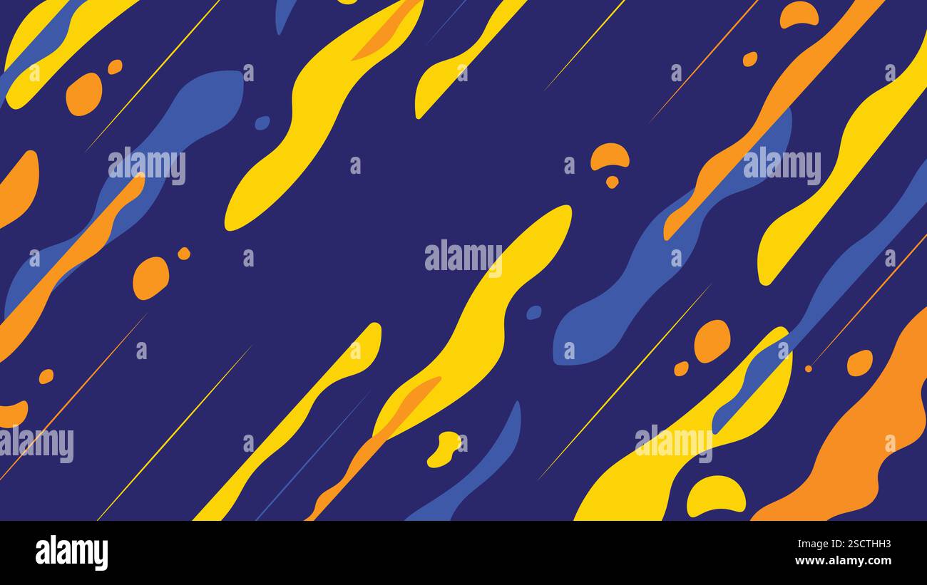 Fond abstrait vibrant avec des formes fluides dynamiques en jaune, orange et bleu sur une toile de fond marine profonde. Idéal pour branding, digital compris Illustration de Vecteur