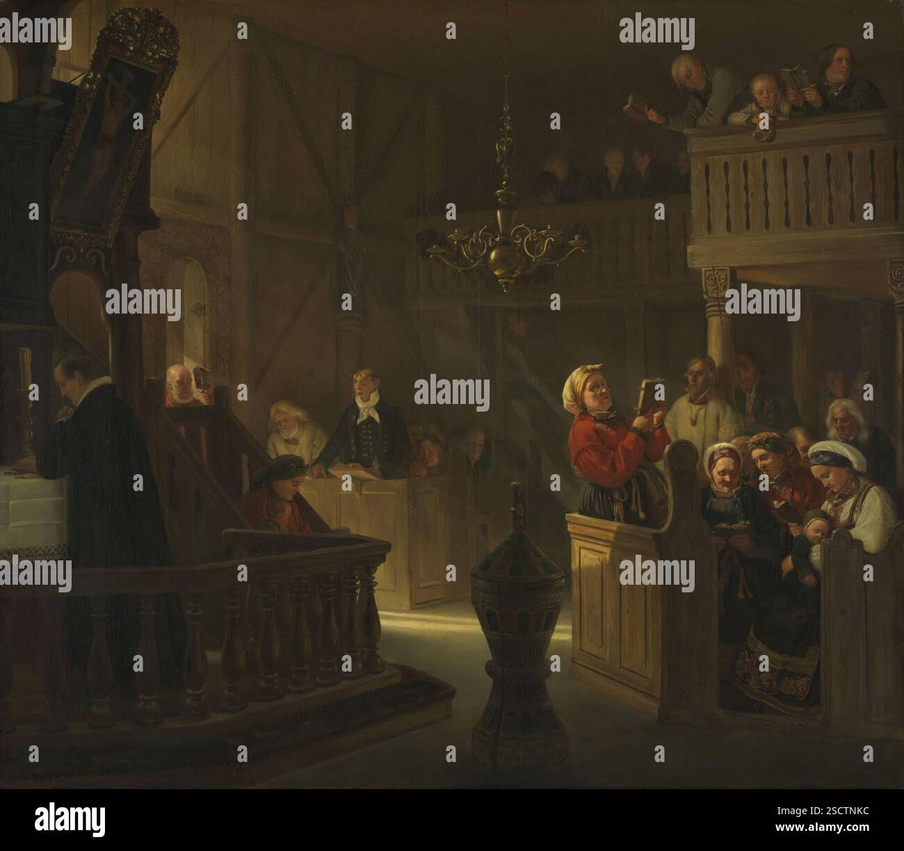 Service dans une église de campagne norvégienne, 1845. Banque D'Images Service dans une église de campagne norvégienne, 1845. Banque D'Images