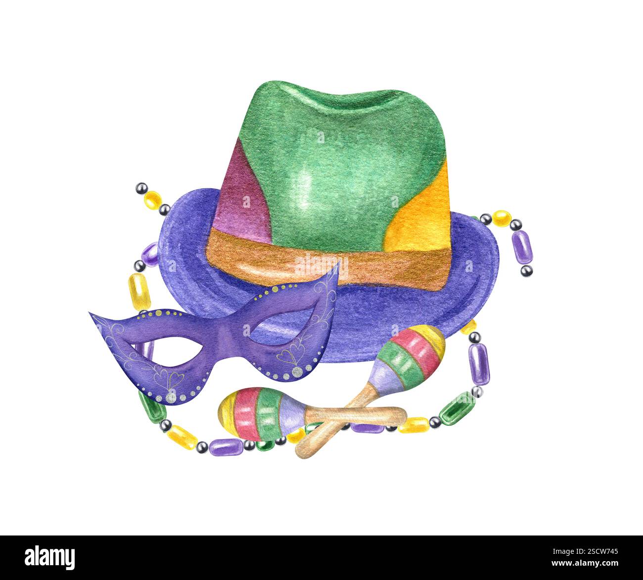 Chapeau en feutre de carnaval aquarelle avec perles colorées, masque bleu, illustration maraca. ELEMENT D'habillement en tissu avec attributs de festival pour parade mascarade Banque D'Images