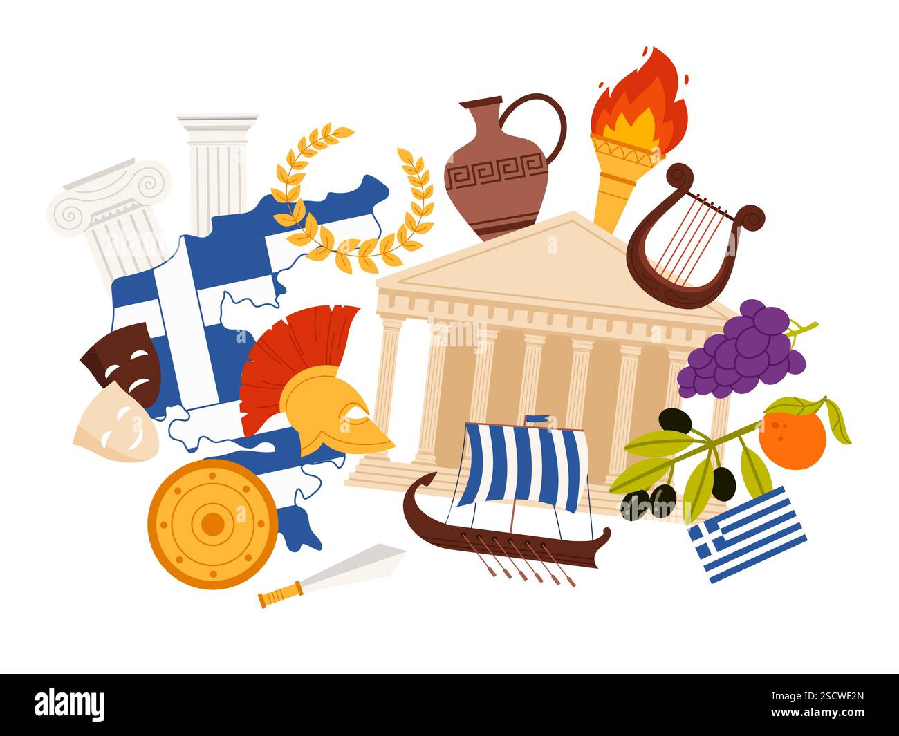 Voyagez en Grèce, la culture et la nourriture antiques grecques, monuments célèbres éléments dans le collage infographique. Carte du pays et drapeau, olives et raisins, temple du Parthénon et illustration vectorielle de dessin animé de vase Illustration de Vecteur