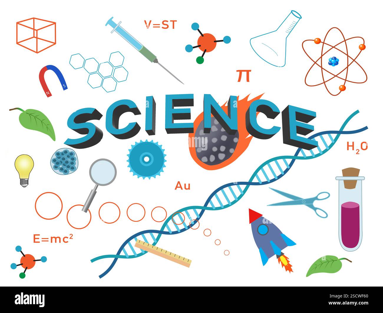 Une illustration graphique sur le thème de la science. Il comprend une fusée, une loupe, une seringue, un atome, une règle, un astéroïde, un engrenage, un tube à essai, un aimant, une feuille, une cellule, une ampoule et une molécule. Banque D'Images