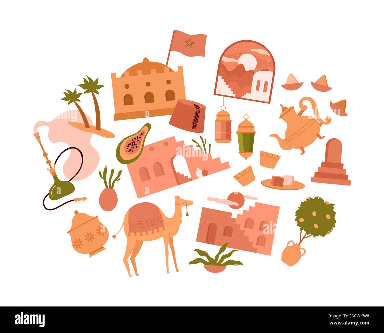 Maroc, éléments de culture musulmane et ensemble d'architecture arabe. Bâtiments traditionnels, décorations et pots, oasis avec des palmiers dans le désert et les épices, chameau et narguilé illustration vectorielle Illustration de Vecteur