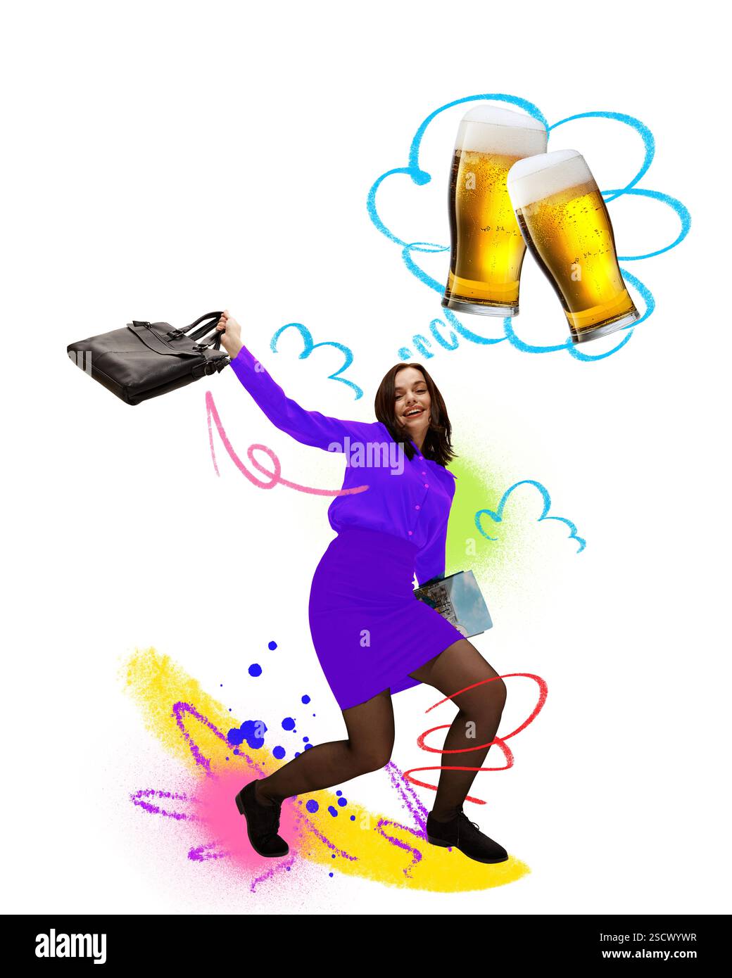 Femme en tenue d'affaires violette se précipite vers l'avant, porte-documents balançant, pensant avec enthousiasme au week-end rempli de bière Banque D'Images