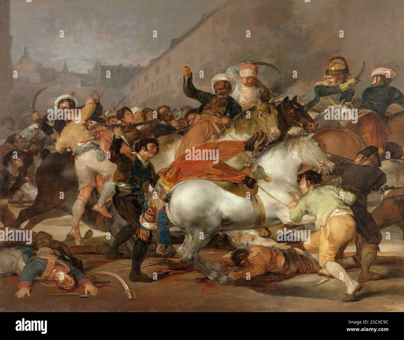 Le 2 mai 1808 : la charge des Mamelouks, par Francisco de Goya. Il représente les Marmelukes (un corps de cavalerie égyptien) attaquant les manifestants. Le soulèvement dos de Mayo (2 mai) était un soulèvement populaire spontané contre l'occupation française de Madrid. Le roi d'Espagne (Charles IV) et son héritier (Fernando VII) étaient à Bayonne contraints d'abdiquer à l'époque. Le soulèvement a été violemment écrasé et il y a eu beaucoup de morts et des centaines d'exécutions publiques. Banque D'Images