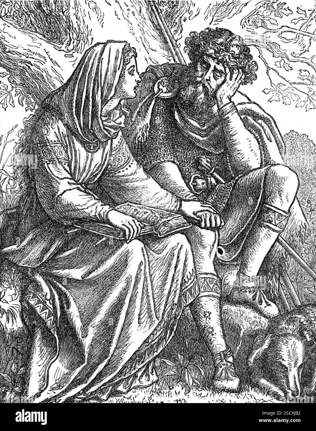 La reine Margaret lisant la Bible au roi Malcolm, de "The Shores of Fife", 1872. Illustration tirée d'un livre de Noël. Le dessin de Sir Noel Paton dans The Engraving we have Borrowed représente sa conception idéale d'un incident bien connu appartenant aux traditions de l'histoire écossaise primitive... le mariage de ce puissant monarque païen avec la princesse saxonne Margaret, petit-enfant d'Edmund Ironside et sœur d'Edgar Atheling, a été l'occasion qui a conduit au rétablissement du christianisme en Écosse, après la subversion de l'ancienne Église colombienne par l'incursion d'une féroce Banque D'Images