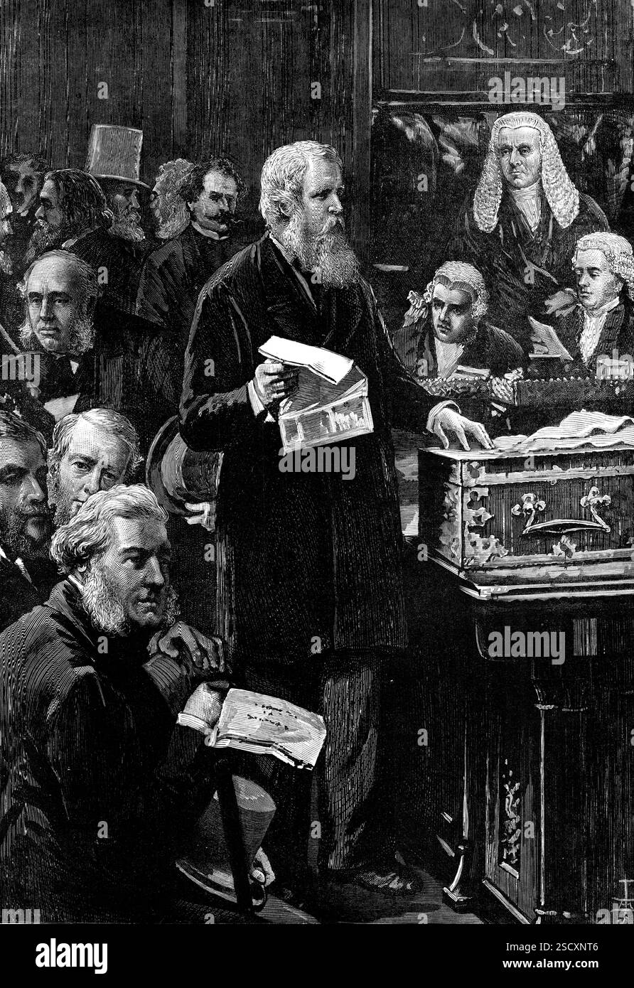 Ouverture du Parlement : le chancelier de l'Échiquier s'exprimant à la Chambre des communes, 1880. Gravure à partir de l'image de M. Wyllie... [montrant] quelque chose de l'intérieur de la Chambre des communes, et l'apparence de ses honorables et très honorables députés lorsqu'ils sont engagés dans des affaires parlementaires. Dans l'illustration, le chancelier de l'Échiquier, Sir Stafford Northcote, est vu dans l'attitude habituellement adoptée par ce très honorable homme lorsqu'il s'adresse à la Chambre, dont il est actuellement considéré comme le chef, en vertu de sa direction reconnue du parti ministériel Banque D'Images