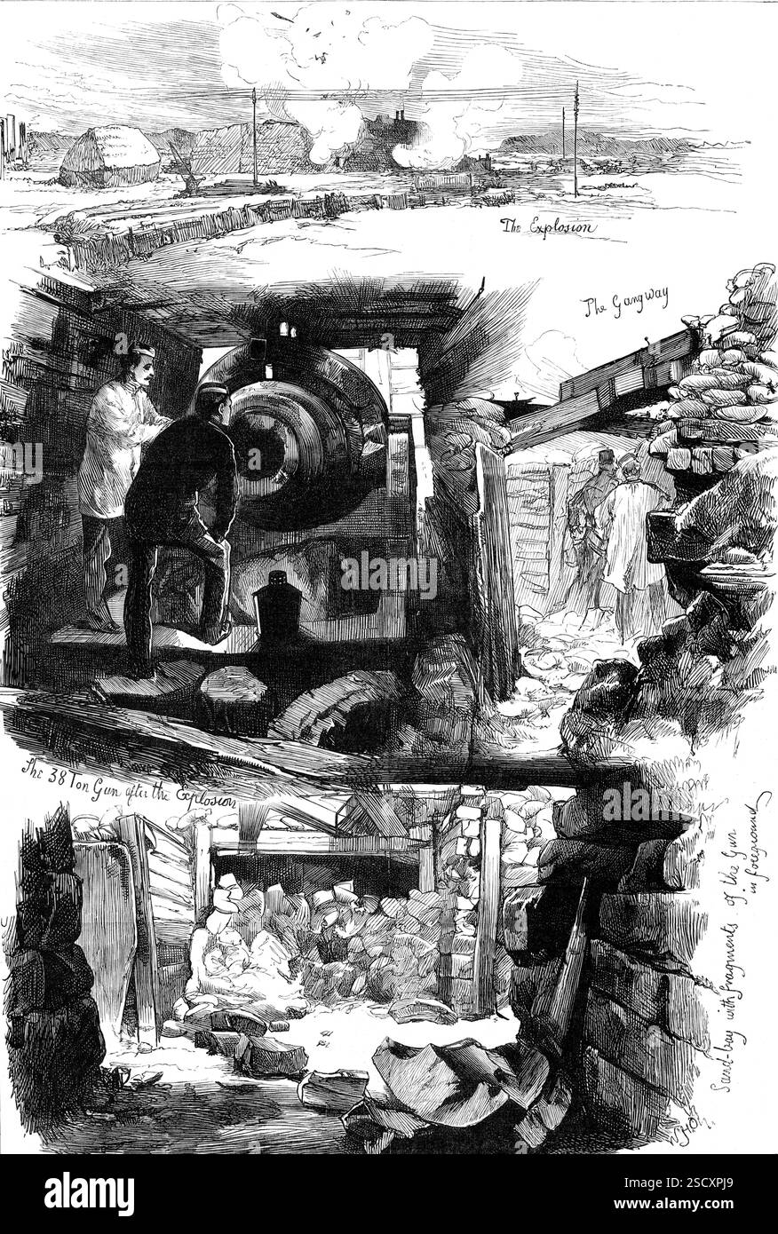 Explosion du grand canon du Thunderer à Woolwich, 1880. 'L'explosion ; le Gangway ; le canon de 38 tonnes après l'explosion ; Sand-Bay avec des fragments du canon au premier plan ; les essais expérimentaux, à Woolwich, pour voir comment l'un des canons de trente-huit tonnes du H.M.S. Thunderer a pu être fait éclater, ont été amenés à une fin satisfaisante, par l'explosion finale du canon... le canon a été monté sur un chariot de fer... comme le montre notre illustration; devant le museau se trouvait une longue galerie, à ossature de bois, remplie de sacs de sable, pour arrêter le coup de feu du canon, et pour attraper le vol Banque D'Images