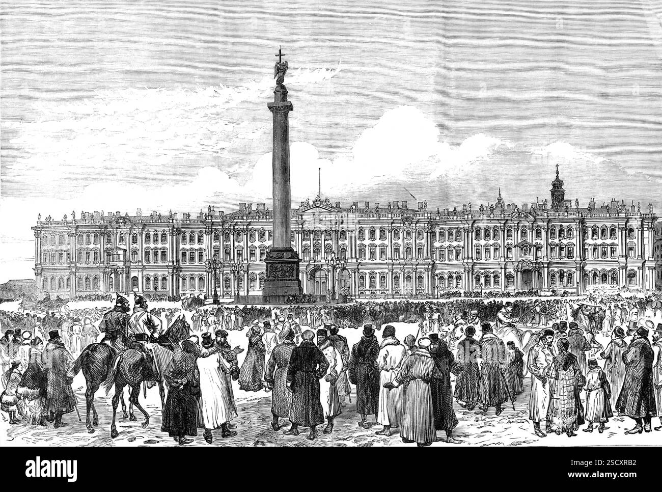 La tentative sur la vie du tsar : le Palais d'hiver, selon Petersburg, 1880. 'Le Palais d'hiver, construit sous le règne de l'impératrice Elizabeth sur les plans du comte Rastrelli, entre les années 1754 et 1762, est de proportions colossales et d'architecture très simple. Le palais est de 400 pieds. Square, et ses détenus sont au nombre de 6000 personnes lorsque le tsar est en résidence. Il est construit sur la rive gauche de la Neva. En face, il y a un grand espace ouvert appelé la place du Palais, dans lequel se dresse la colonne d'Alexandre, un monolithe de granit rouge de 80 pieds. élevé. Sur la droite du Palais est la place de Pierre, qui contient th Banque D'Images