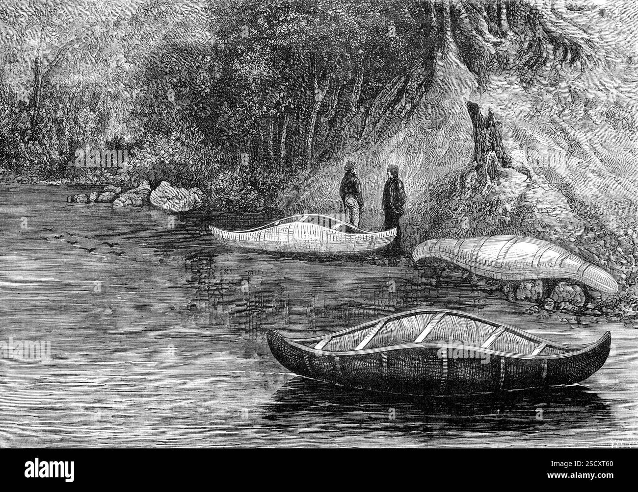 Pêche sur la Ristigouche, au Canada - dessin de la Princesse Louise dans l'exposition de la Société des peintres en aquarelles, 1880. « Dans notre avis de l'exposition d'hiver de la Old Water Colour Society, nous avons décrit les esquisses agréables et intelligentes dans lesquelles la princesse Louise, tenant son propre, même relativement au niveau professionnel élevé de Pall Mall East, enregistre certaines des scènes vues pendant son séjour au Canada. Dans l'un d'eux, une vue sur l'Ottawa près d'un village de bois, nous voyons quelques-uns des bateaux légers d'écorce du pays encore façonnés selon le modèle autochtone, quelque chose Banque D'Images