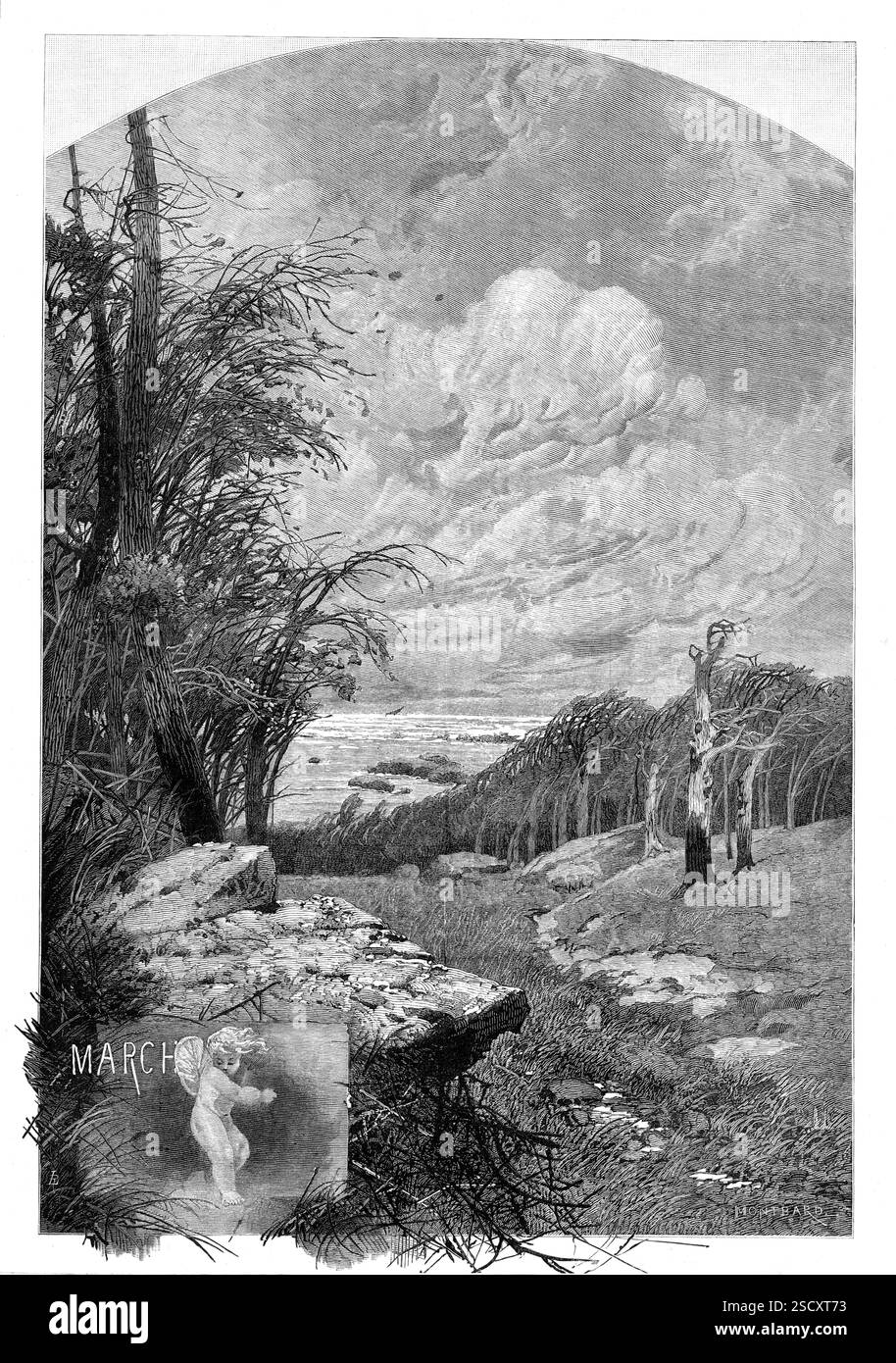 Les mois : mars 1880. « Tout au long du mois orageux, nous sommes maintenant entrés, nous semblons constamment au seuil du printemps, et aussi souvent tombant à nouveau en hiver. Un jour, la terre sourit verdoyant, et le ciel bleu et le soleil de bienvenue nous ont fait penser aux ruelles de campagne, aux lèvres de boeuf et aux violettes hochant la tête, et aux berges où souffle le thym sauvage. Mais le lendemain, nos espoirs sont rudement anéantis. Nous levons les yeux en vain pour une tache de bleu dans les cieux, et, tirant nos pardessus autour de nos oreilles, essayons d'écarter si possible les hurlements de vent... mais les vents de mars - malgré leur apparence cr Banque D'Images