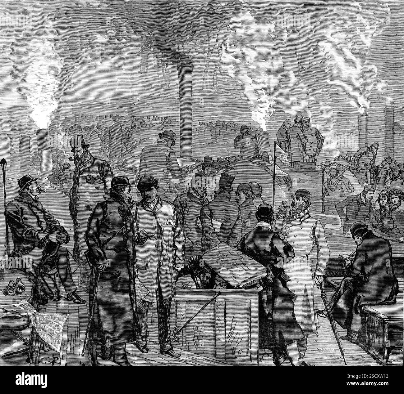 The Oxford and Cambridge Boat-Race : The Press Boat in a brouillard samedi matin, et The Race reporté, 1880. «Le temps brumeux sur la Tamise à huit heures samedi a occasionné le report de la Boat-Race, qui s'est déroulée lundi, à une heure un peu plus tard dans la journée...[notre] gravure a été prise à bord du bateau à vapeur assigné aux journalistes du journal et artistes spéciaux samedi, et cela montre que leur vue sur la rivière a été fatalement limitée par l'obscurité de l'atmosphère, ce qui a rendu impossible, à Putney, de voir à mi-chemin. Des milliers de personnes se sont rassemblées Banque D'Images