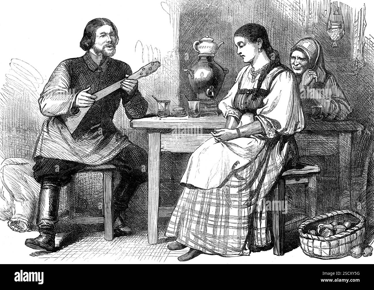 Russian Sketches : a Moujik's Courtship, 1880. 'Le labourage et plébéien ou paysan class...bear le nom générique de "moujiks." Ce sont pour la plupart de bons et honnêtes camarades, pas plus enclins à boire que la même classe dans n'importe quelle autre nation d'Europe du Nord... le Moujik... a souvent tendance à tomber amoureux, et il y a, en Russie comme ailleurs, des jeunes filles d'un teint et d'un comportement admissibles à trouver, qui ne refusent pas d'écouter un costume honorable de ce genre. Le Moujik appellera, vêtu de sa nouvelle tunique et avec ses énormes bottes bien nettoyées et graissées, à se faire d'accord Banque D'Images