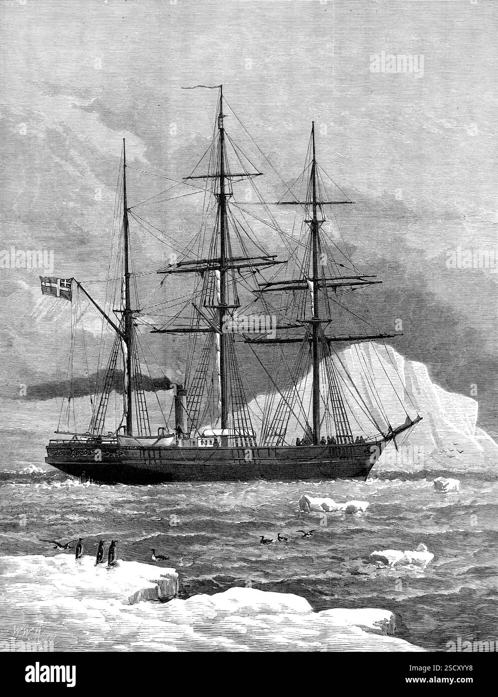 Le navire d'exploration de l'Arctique suédois Vega parmi les icebergs, 1880. Le grand exploit récent du professeur Nordenskj&#xf6;LD de naviguer dans les mers arctiques au nord de l'Asie et de passer vers l'est à travers le détroit de Behring dans l'océan Pacifique, a été couronné d'un accueil triomphal à son arrivée chez lui... le voyage... comprenait deux étapes ; le premier étant le passage du port de départ à cette partie de la côte sibérienne... [près] de l'embouchure de la rivière Lena... ils ont passé le cap Chelyuskin, le point le plus septentrional du continent, le 19 août 1878, et l'embouchure de la rivière Lena était rebelle Banque D'Images
