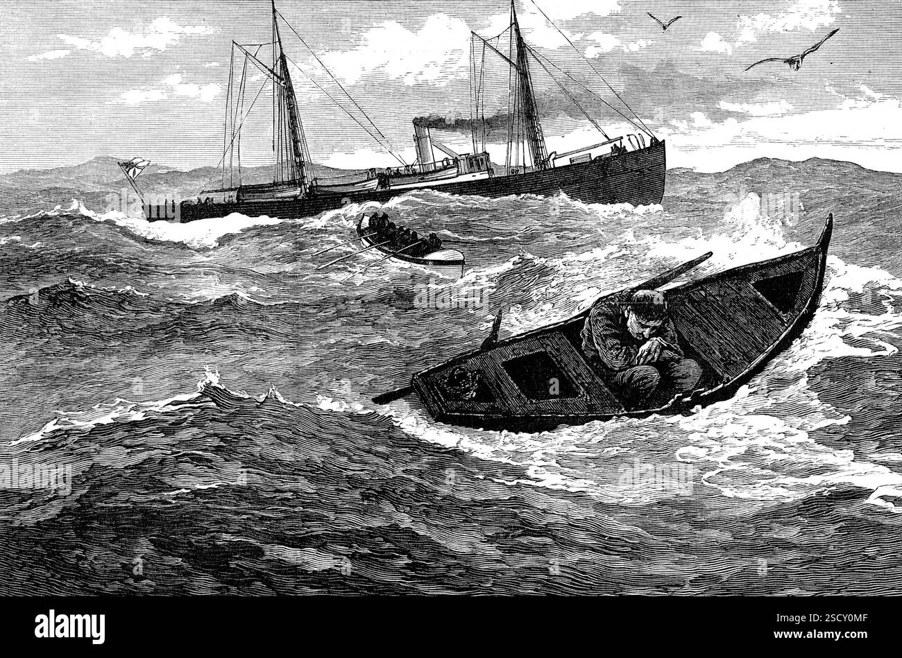 Un incident lors de la recherche de H.M.S. Atalanta, 1880. 'Un incident singulier s'est produit dans la croisière de H.M.S. Wye, commandant d'état-major Sarratt, qui a été dépêché à la recherche du navire-entraîneur disparu Atalanta... quand à environ six miles de [Vigo, nord de l'Espagne] un petit bateau de pêche, avec un homme dans une posture accroupie, a été observé. Il soufflait fort du nord-est, avec une forte mer. Un bateau ayant été descendu, le bateau de pêche a été remorqué, amené à côté du Wye, et hissé à bord. L'occupant s'est avéré être un vieux pêcheur, apparemment âgé d'environ soixante-dix ans. Il était per Banque D'Images