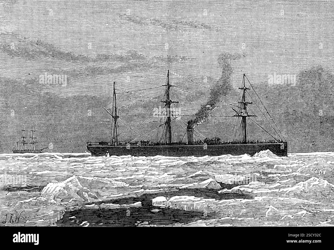 La Sardaigne forçant son chemin à travers la glace dans le golfe du Laurent, 1880. « Le voyage de son Altesse Royale le prince Léopold au Canada à bord du navire à vapeur à vis fine Sardinian, de la ligne Allan du service Royal mail de Liverpool à Québec et Montréal, a été suivi par des expériences inhabituelles. Sur le bord des rives de Terre-Neuve, que le navire passa le 19 mai, les icebergs étaient très nombreux et de la plus grande taille connue sous ces latitudes. Le 21 mai, en entrant dans le golfe de équipé Lawrence, au large du cap Ray, le navire rencontre des champs de glace s'étendant à travers le golfe, Banque D'Images