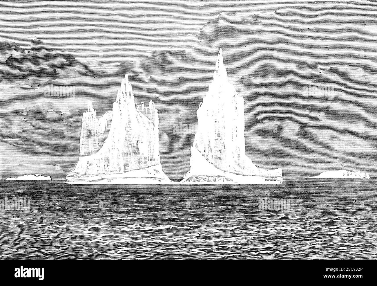 Icebergs vus par le prince Léopold lors de son passage au Canada, 1880. « Le voyage de son Altesse Royale le prince Léopold au Canada à bord du navire à vapeur à vis fine Sardinian, de la ligne Allan du service Royal mail de Liverpool à Québec et Montréal, a été suivi par des expériences inhabituelles. Sur le bord des rives de Terre-Neuve, que le navire passa le 19 mai, les icebergs étaient très nombreux et de la plus grande taille connue sous ces latitudes. Celui représenté dans notre illustration était de 300 pieds ou 350 pieds de haut. Le 21 mai, en entrant dans le golfe de équipé Lawrence, au large de Cape Ray, th Banque D'Images