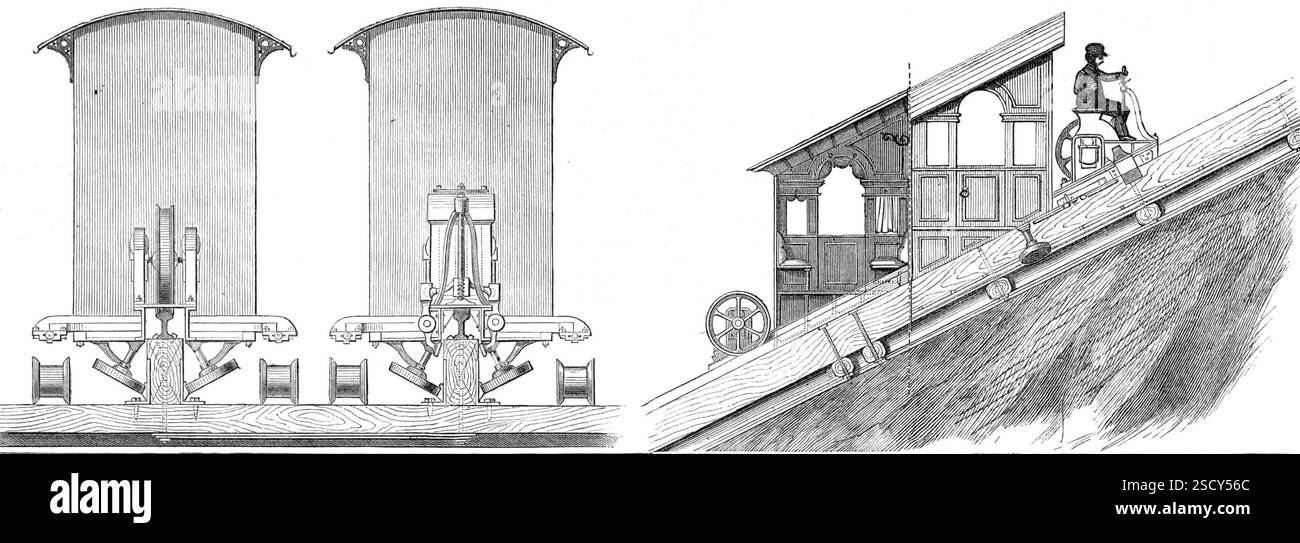 Ouverture de la voie ferrée au sommet du Vésuve, 1880. "Sections de wagons... une nouveauté extraordinaire dans la construction ferroviaire... le chemin de fer...[commence] à une pente de 40 degrés. au pied même d'un cône, sous lequel se trouvent du granit et d'autres roches ignées. La ligne est placée sur des traverses en bois de 12 pouces,... boulonnées ensemble d'une manière très solide. Peu de temps après avoir quitté la petite station, la pente devient plus raide - 30 degrés. à 33 deg. Apparemment - et puis, après avoir remonté le cône, arrive à une terminaison d'environ 100 pieds. sous le bord du cratère. La voiture dans laquelle les visiteurs Banque D'Images