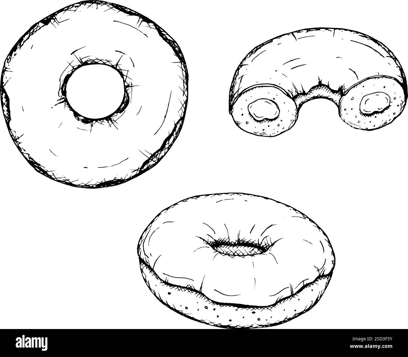 Illustration à l'encre noire et blanche dessinée à la main de divers beignets. Idéal pour l'image de marque de boulangerie, les conceptions de menus, les emballages alimentaires, les livres de recettes, l'art culinaire Illustration de Vecteur