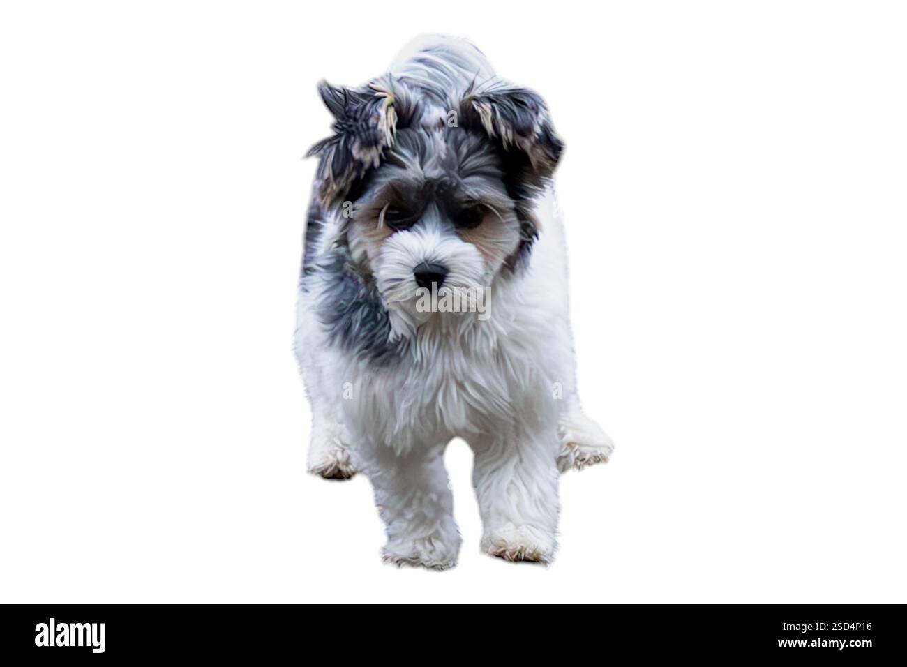 Un Biewer Terrier joyeux se jette sur un fond blanc, son pelage moelleux et ses yeux brillants pleins d'énergie et d'excitation. Banque D'Images