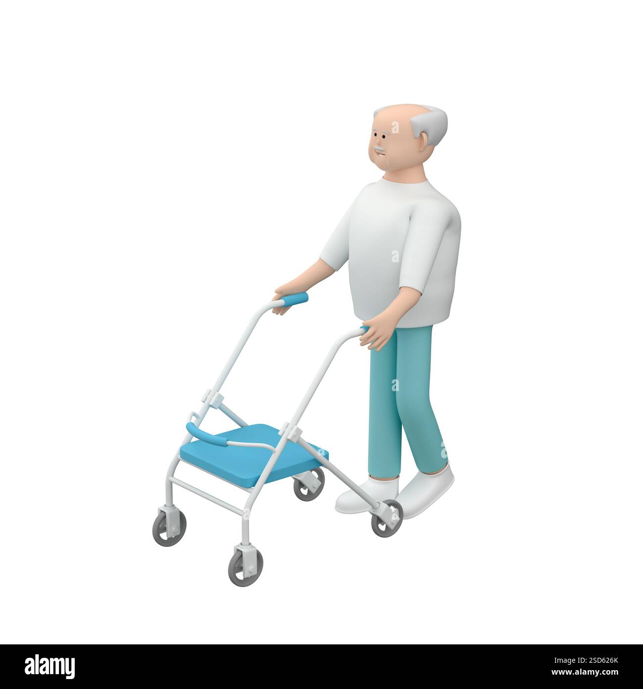 Personnage masculin senior avec cadre de marche portant un vêtement médical, illustration 3D. Banque D'Images