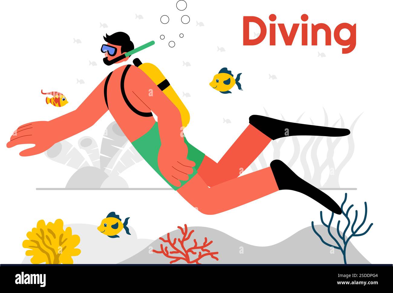 Plongée Sport illustration vectorielle avec équipement de natation sous-marine pour explorer les récifs coralliens, la flore et la faune marines, et la vie marine dans l'océan Illustration de Vecteur