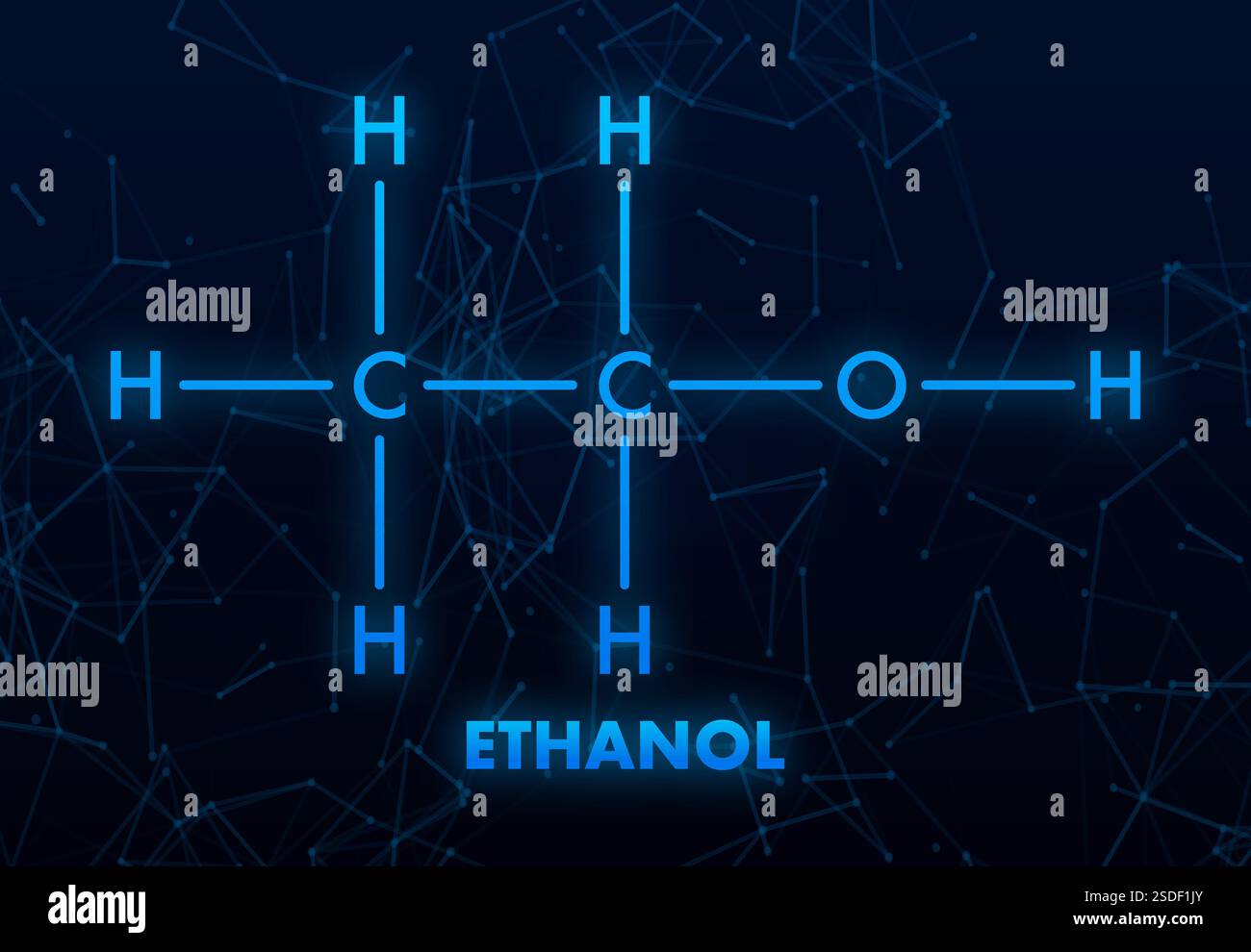 Structure moléculaire de l'éthanol avec des liaisons brillantes sur fond sombre Illustration de Vecteur