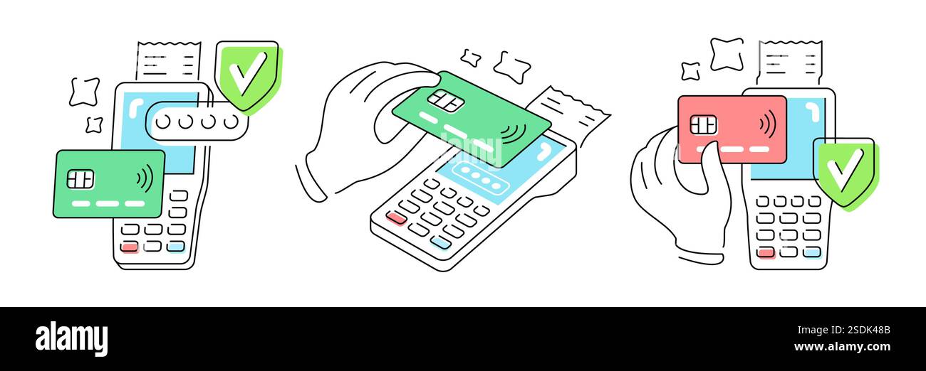 Commerce numérique et transactions financières. Terminal de paiement sans contact avec carte bancaire de crédit et reçu. Argent Illustration de Vecteur