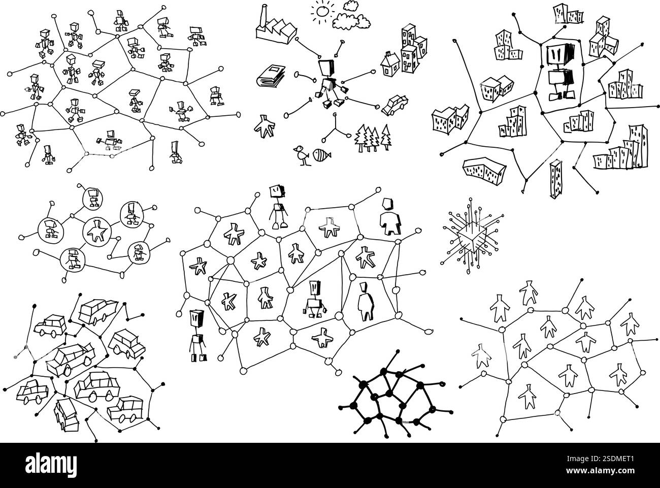 croquis architecturaux dessinés à la main de sujets d'intelligence artificielle et de robots et de structures de réseau et ai dans l'architecture et le trafic Illustration de Vecteur