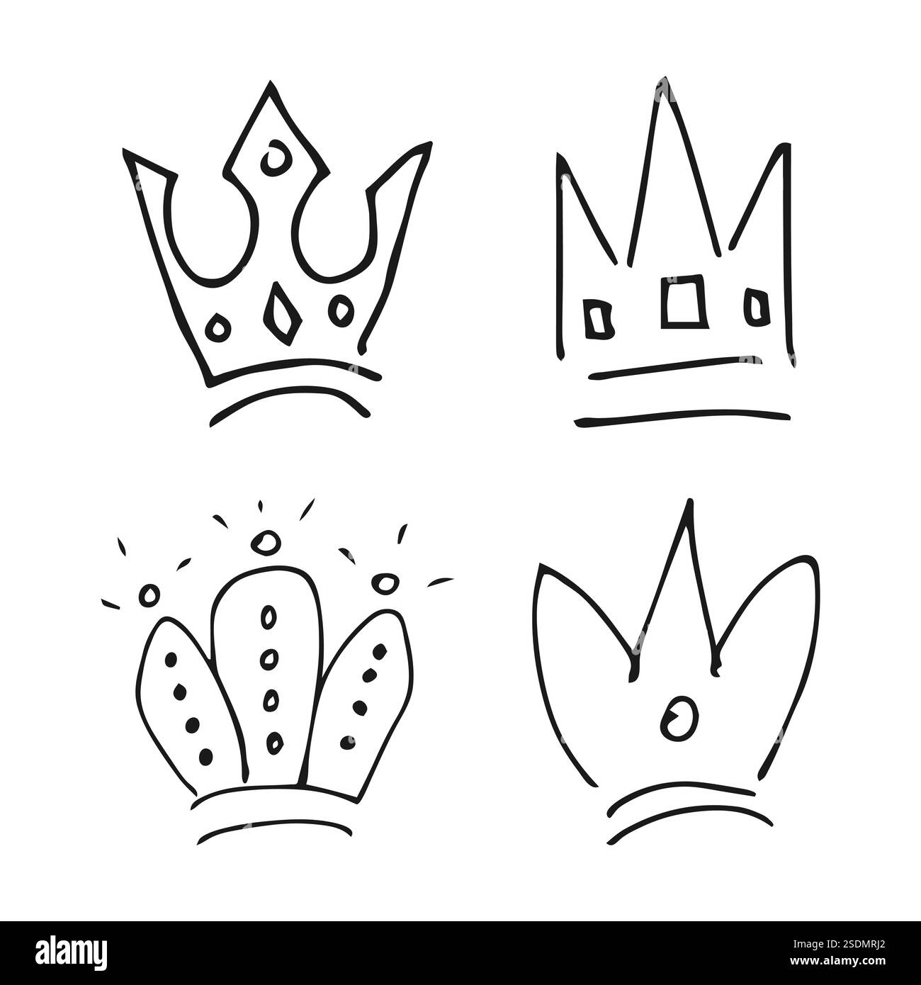 Couronnes dessinées à la main. Ensemble de quatre couronnes de reine ou de roi de graffiti simples. Couronnement impérial royal et symboles monarques. Pinceau noir doodle isolé Illustration de Vecteur