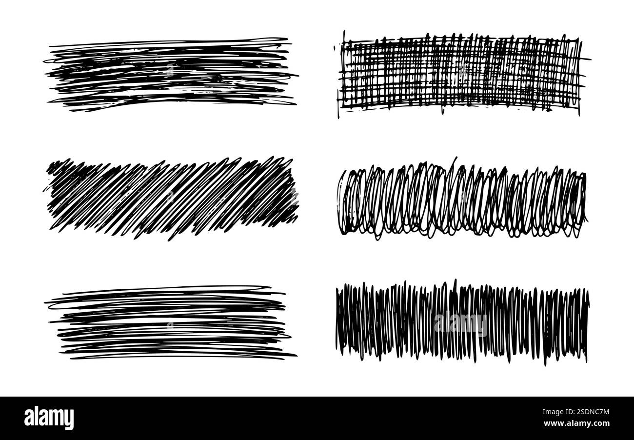 Esquissez un frottis. Ensemble de six taches de crayon noir en forme de rectangle sur fond blanc. Grand design pour tous les usages. Illustration vectorielle Illustration de Vecteur