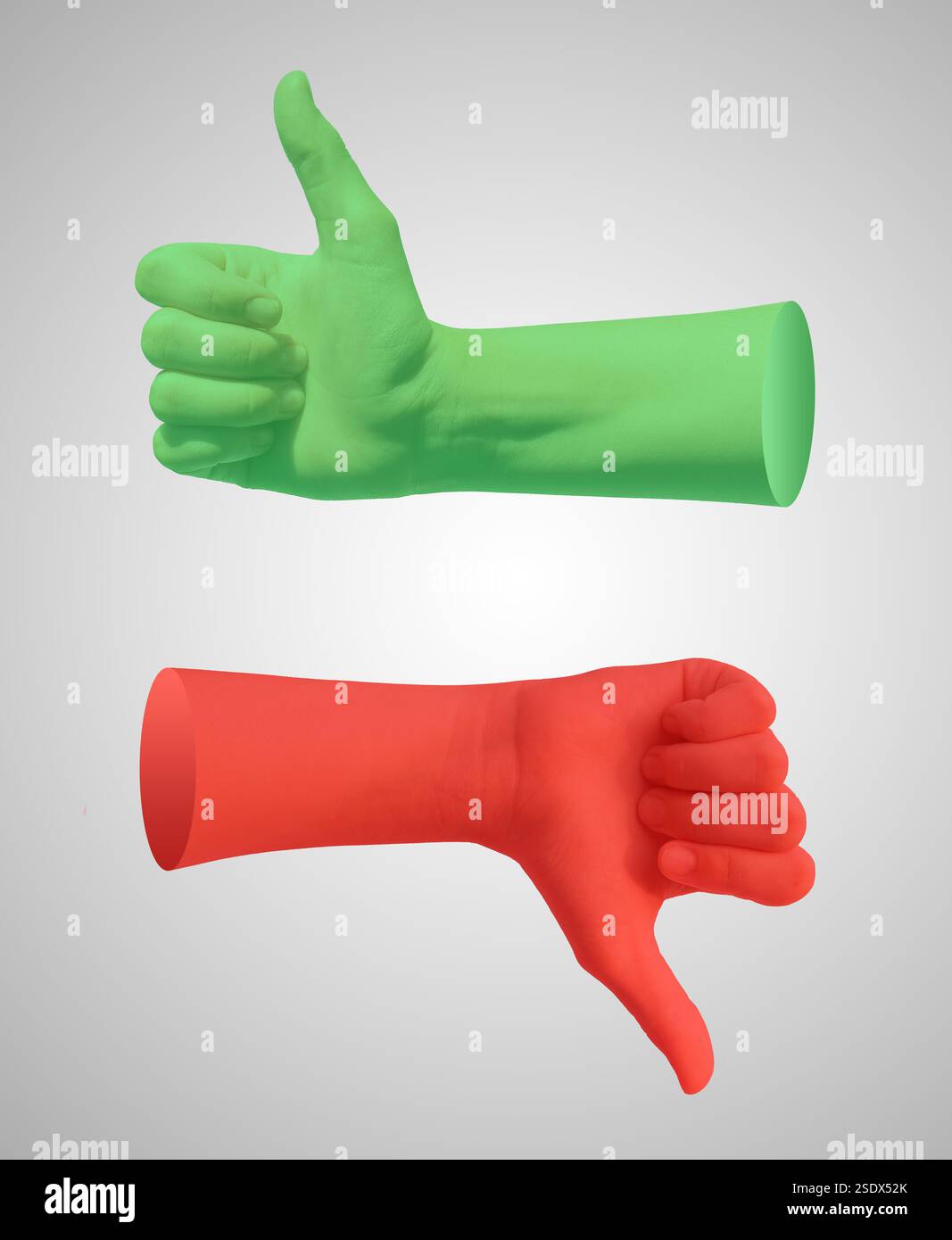 Les pouces vers le haut et vers le bas symbolisent la rétroaction positive et négative, l'opinion et l'évaluation. Concept de qualité, satisfaction, contraste. Isolé sur blanc Banque D'Images