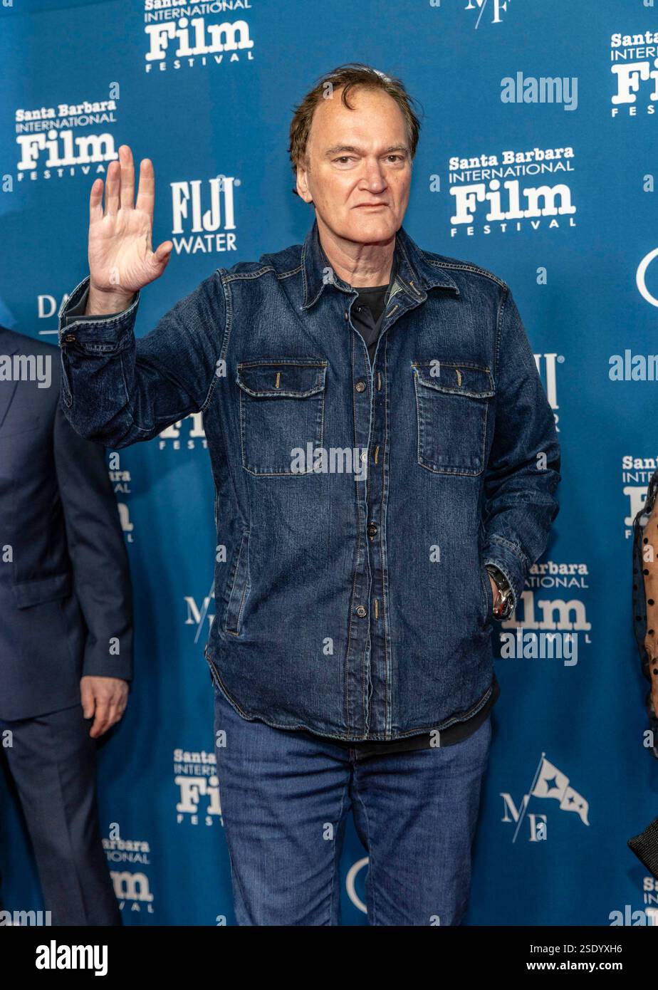 Santa Barbara, États-Unis. 07 février 2025. Le cinéaste Quentin Tarantino arrive au 40e Festival international du film de Santa Barbara pour la première américaine de Horizon : an American Saga-Chapter 2 avec Kevin Costner au Arlington Theatre de Santa Barbara, CA, le 7 février 2025. (Photo de Rod Rolle/Sipa USA) crédit : Sipa USA/Alamy Live News Banque D'Images